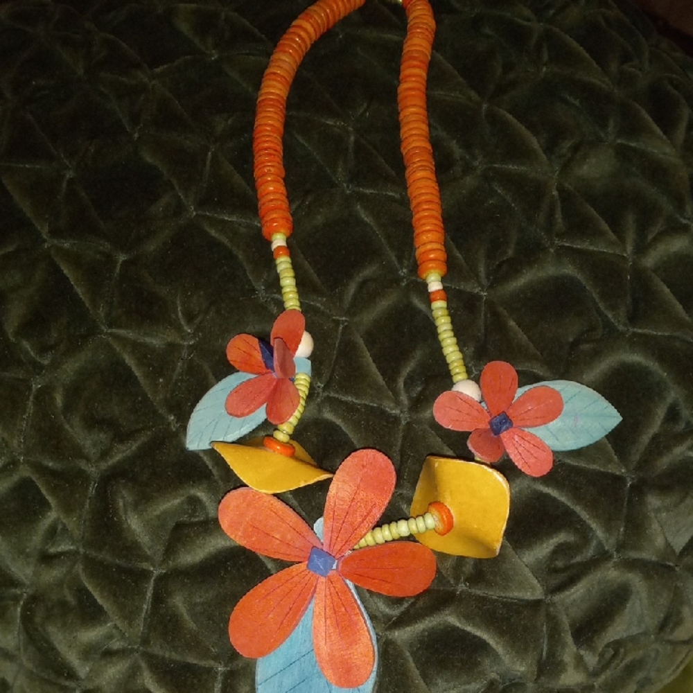Vibrant Floral Necklace in Orange and Blue